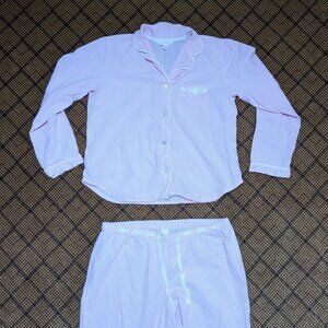 Victoria Secret Pink White Stripe PJs Large Sleep Set Lounge Capri Button Up